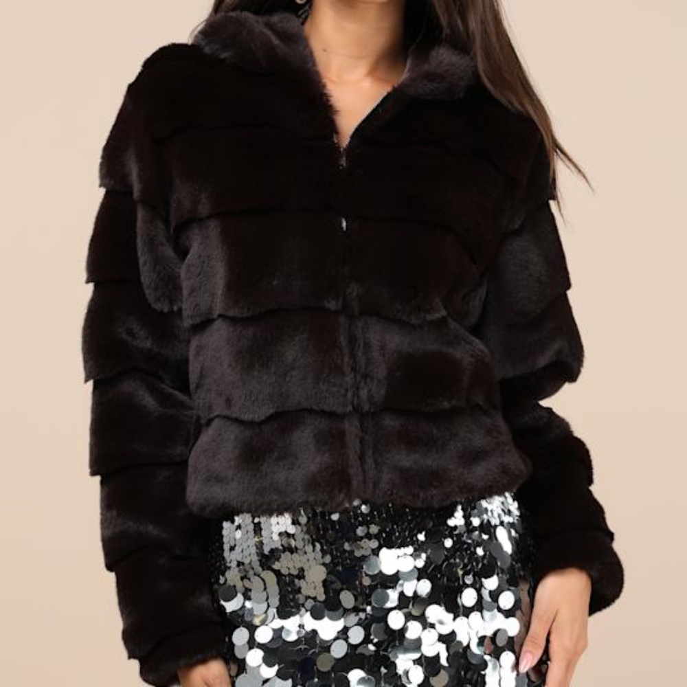 Lulus Deluxe Comfort Dark Brown Faux Fur Hooded Jacket - Size XS